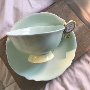 ENGLISH CHINA BUTTERFLY TURQUOISE TEACUP & SAUCER